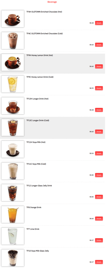 Oldtown White Coffee Beverages Menu 