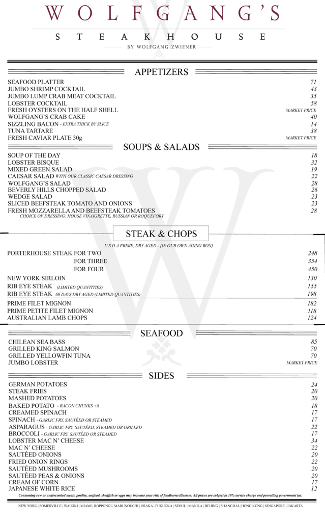 Wolfgang Steakhouse Menu 2023