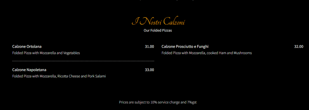 Nostri Calzoni Menu Price