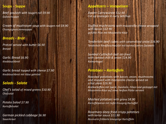 Baden Restaurant & Pub Menu