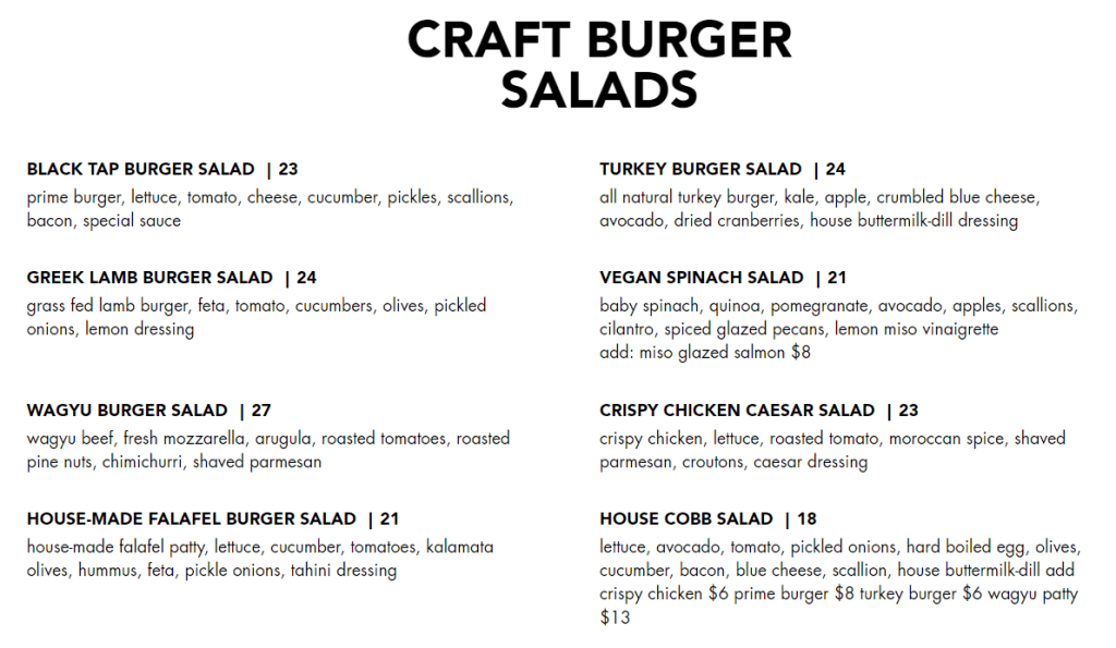 Black Tap Craft Burgers Salads Menu 