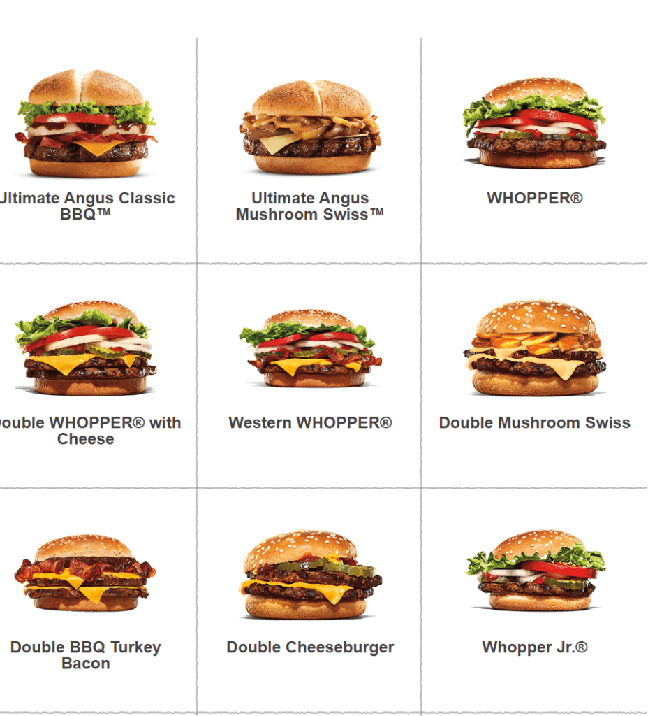 Burger King Beef Burgers Menu