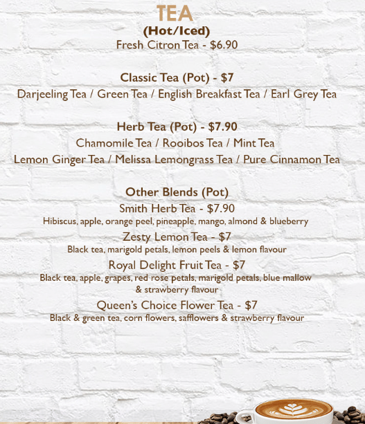 Coffeesmith Tea Menu