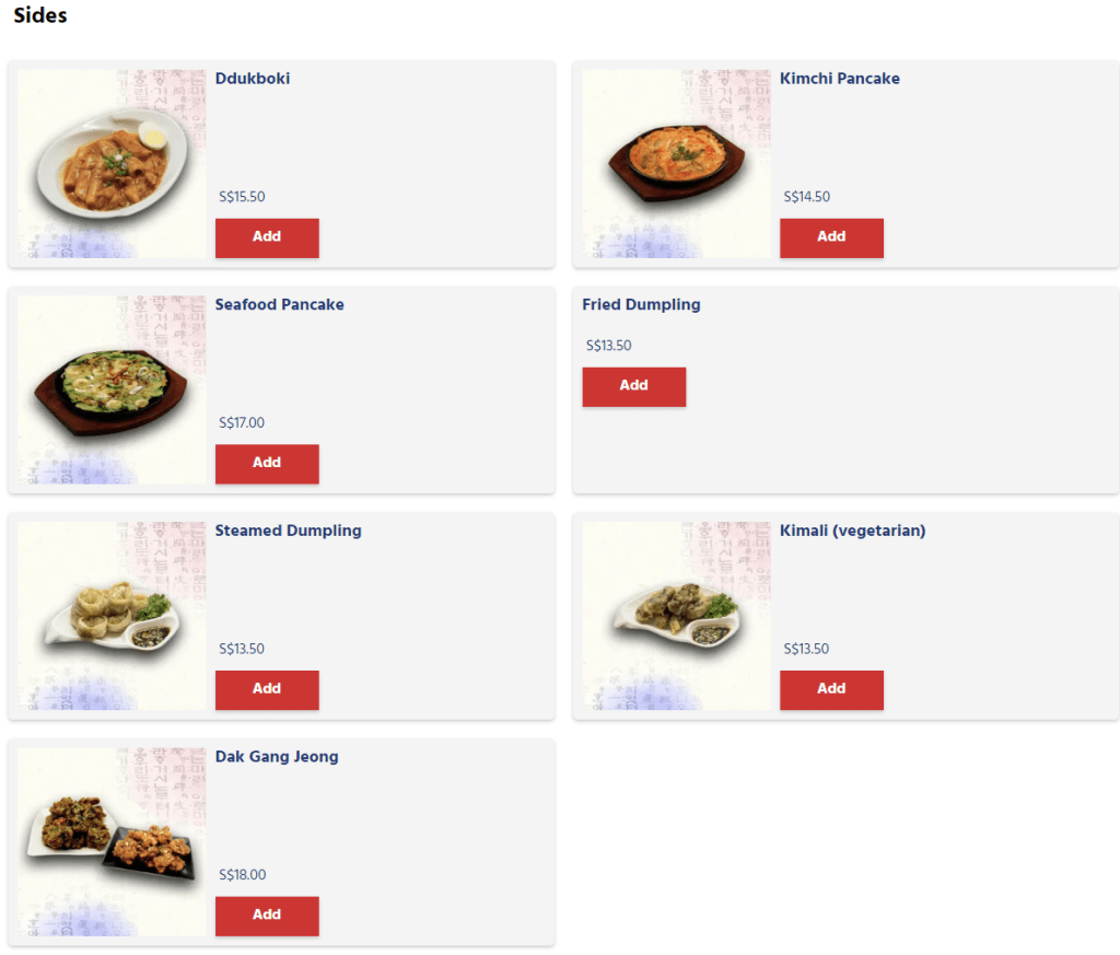 Hana K-Food Sides Menu