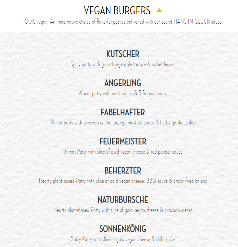 Vegan Burgers Menu