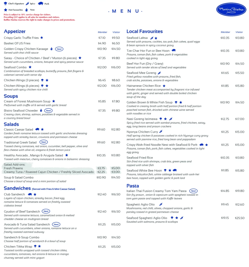 Marina Bistro Menu 2023