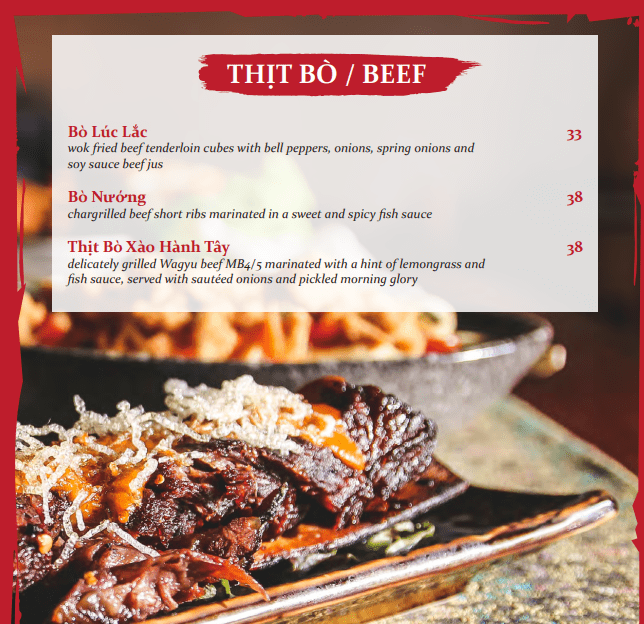 Red Sparrow Thit Bo/Beef Menu