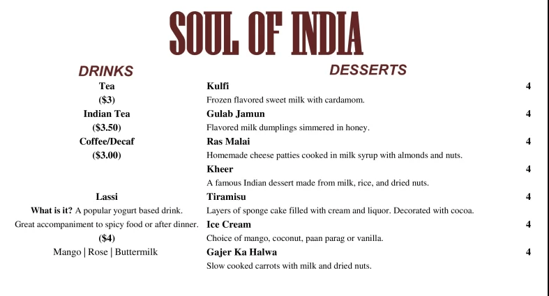 Soul Of India Drinks Menu