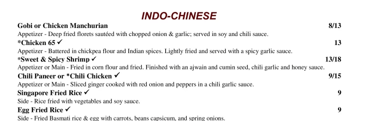 Soul Of India Singapore Indo-Chinese Menu 