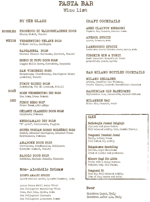 Tipu Pasta Bar Menu 2023 