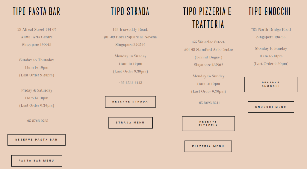 Tipu Pasta Bar Singapore Outlets Location, Opening Hours