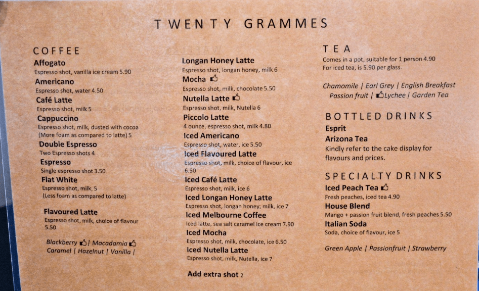 Twenty Grammes Singapore Menu