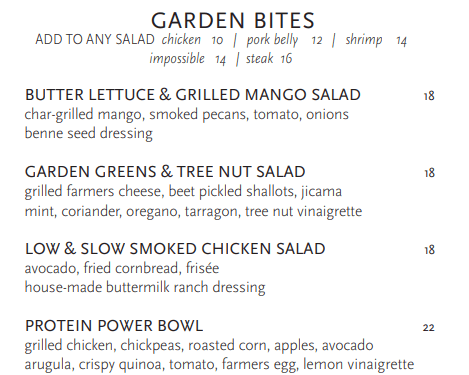 Yardbird Garden Bites Menu