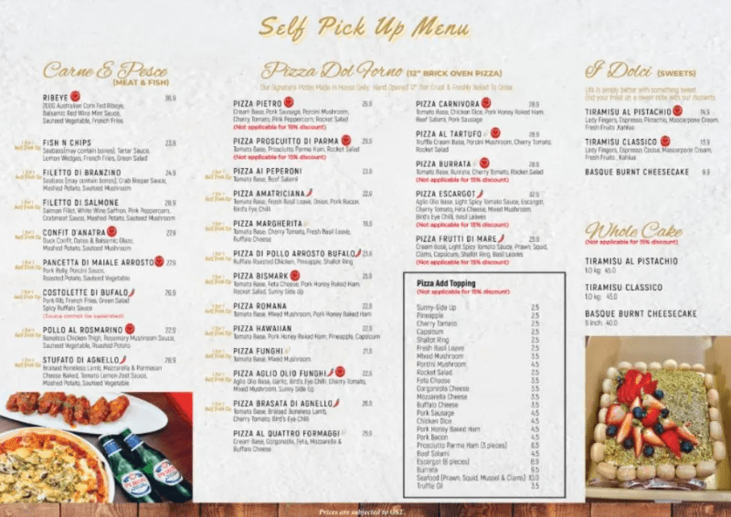 Pietro Ristorante Italiano Menu Singapore price