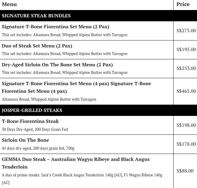 Gemma Steakhouse Menu Singapore  Price