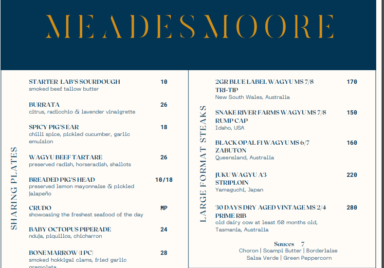 Meadesmoore Menu Singapore List