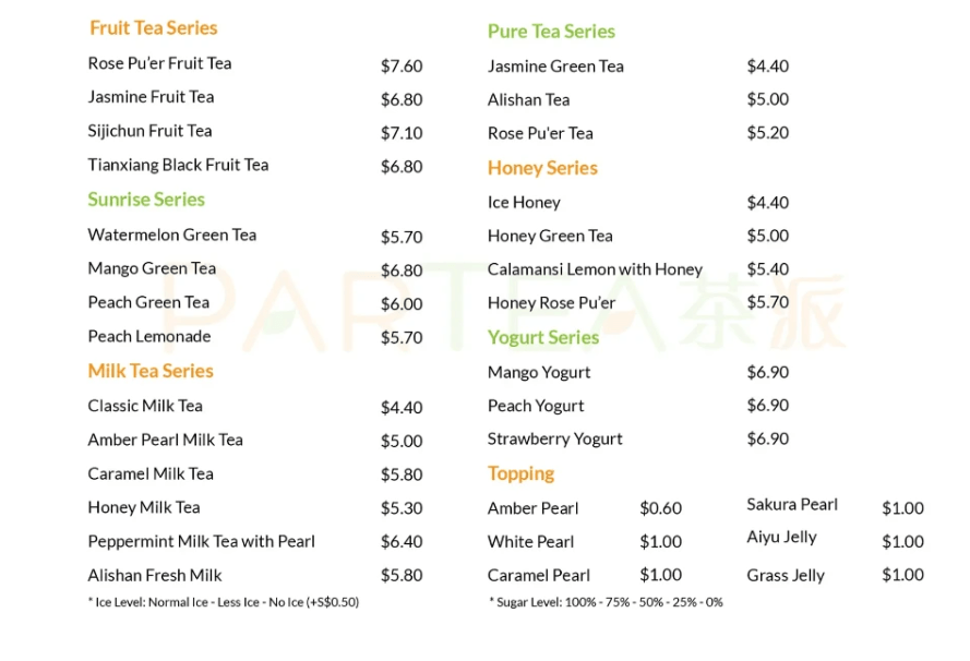 Partea Menu Singapore  List