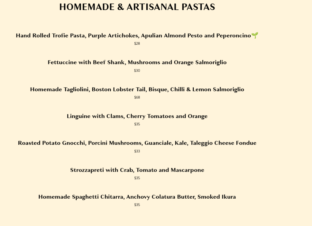 Amo Restaurant Menu Singapore Artisanal Pastas