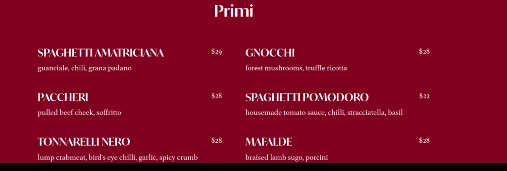 Cicheti Menu Singapore Primi