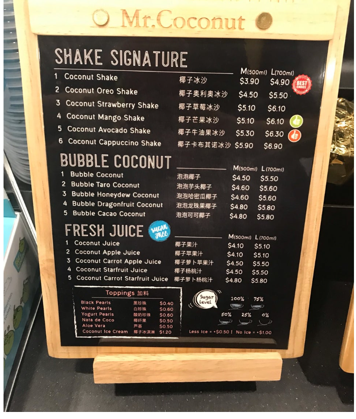 Mr. Coconut Menu Singapore Price