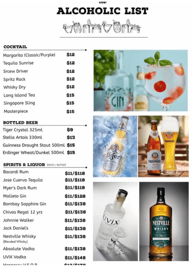 La Café & Bar Singapore Alcoholic Beverages Menu Price