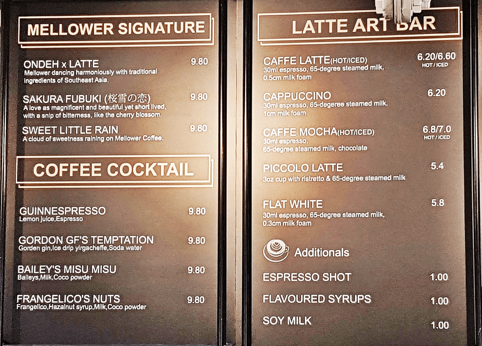 Mellower Coffee Menu Singapore Price 