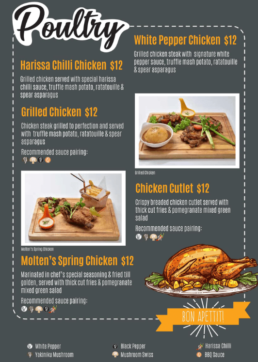 Molten Diners Poultry Menu