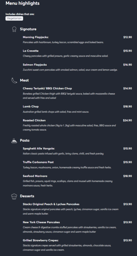 Stackz Menu