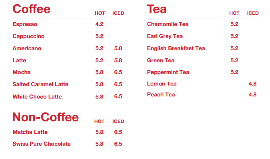 Swissbake Coffee Menu