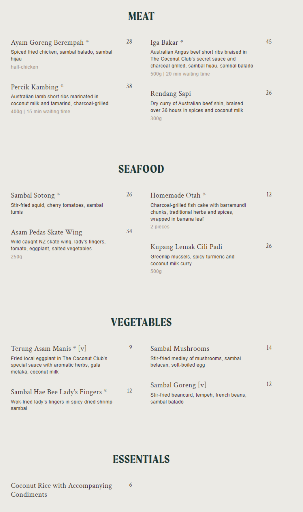 The Coconut Club Singapore Seafood Menu Price