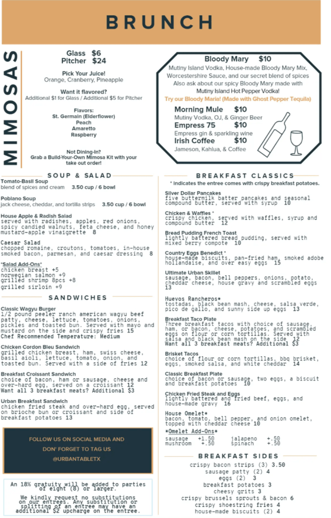 Urban Table Menu Updated Price