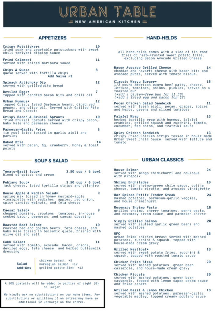 Urban Table Menu Updated Price 2023 