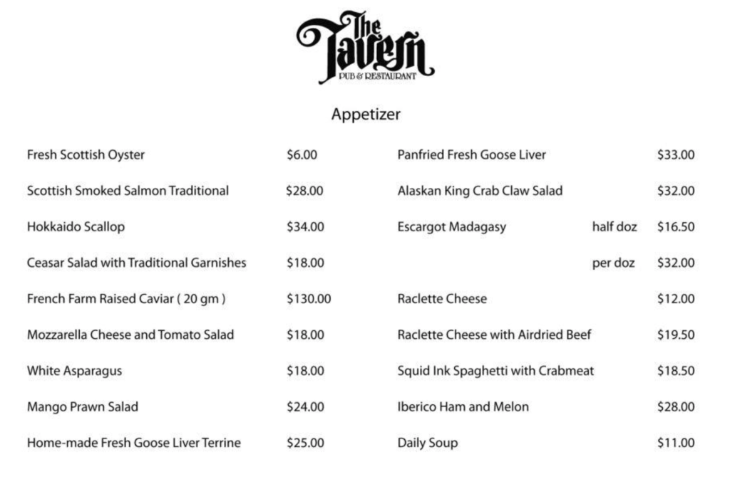 The Tavern Restaurant Menu 2023