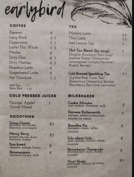 Earlybird Menu Singapore Coffe