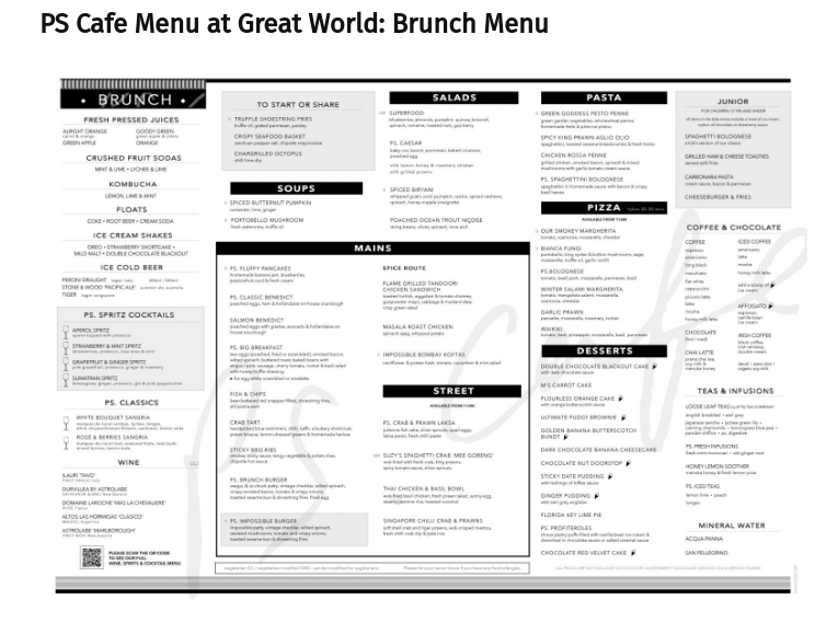 PS Cafe Menu Singapore Brunch Menu