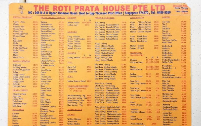 Roti Prata House Menu Singapore List