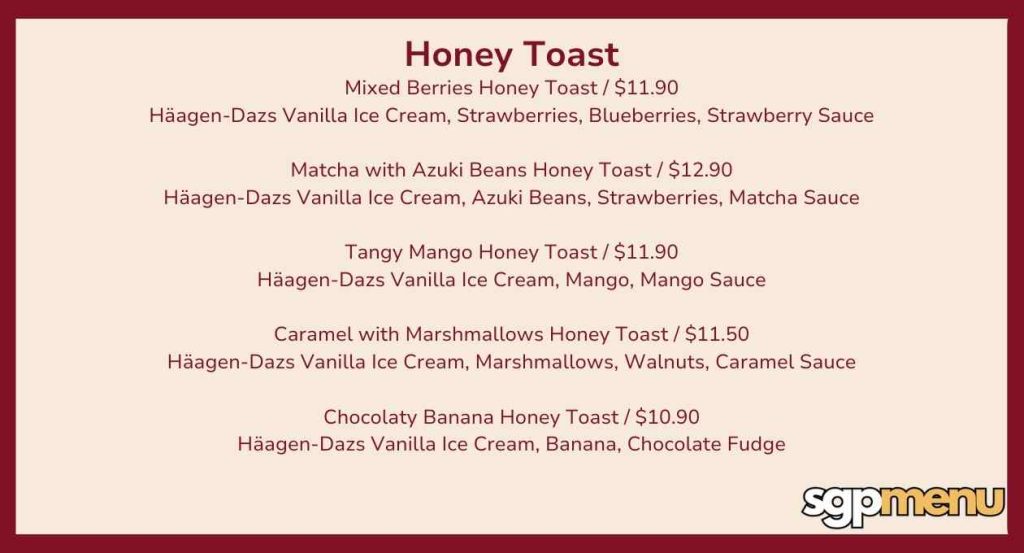 Honey Toast Menu