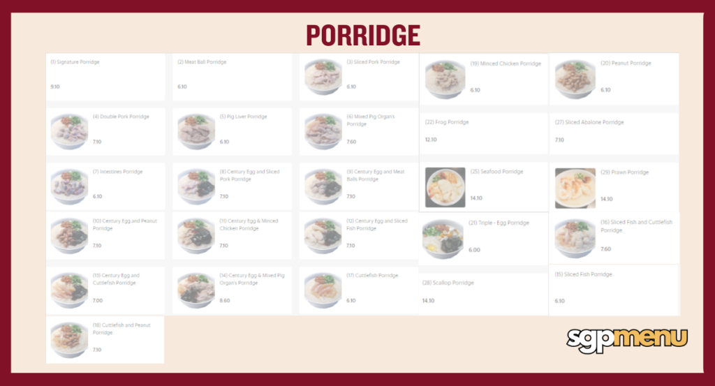 Sin Heng Kee Menu - Porridge