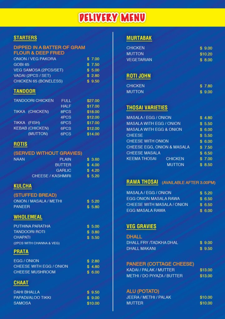 Brindas Menu Singapore