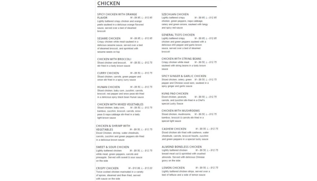 Lucky Kitchen Chicken Menu