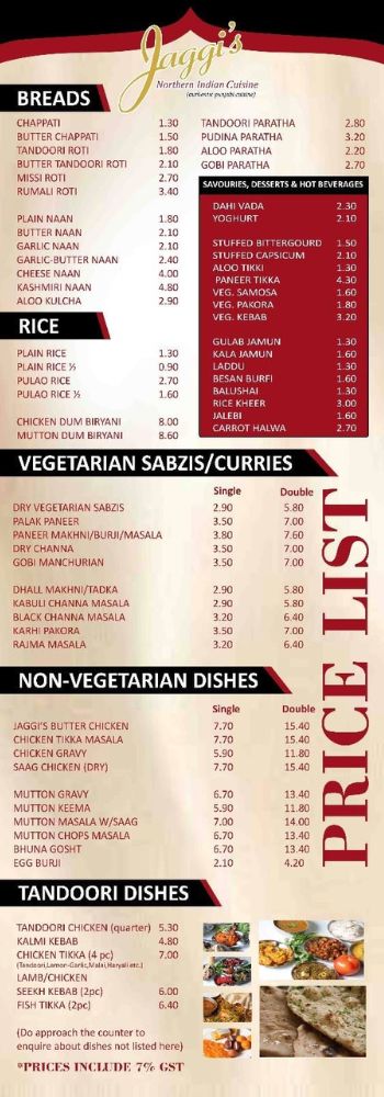 Jaggis Northern Indian Cuisine Menu