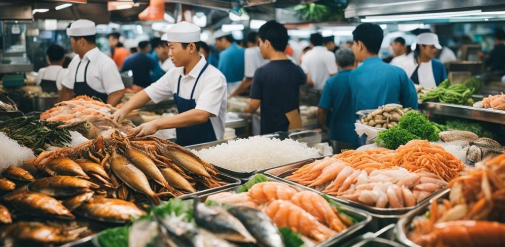 inside view of the Shi kou seafood restaurant showcasin kitchen with fishes and chefs