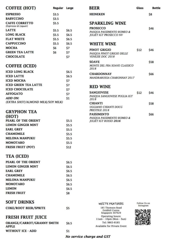 White Feathers SG Menu